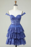 Mignon Une ligne Corset bleu foncé Robe courte à plusieurs niveaux avec dentelle