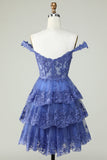 Mignon Une ligne Corset bleu foncé Robe courte à plusieurs niveaux avec dentelle