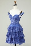 Mignon Une ligne Corset bleu foncé Robe courte à plusieurs niveaux avec dentelle