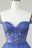 Mignon Une ligne Corset bleu foncé Robe courte à plusieurs niveaux avec dentelle