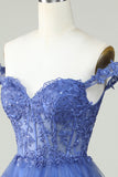 Mignon Une ligne Corset bleu foncé Robe courte à plusieurs niveaux avec dentelle