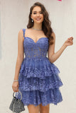 Sparkly Dark Blue Corset Robe courte à plusieurs niveaux avec dentelle