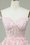 Mignon Une ligne de l’épaule Corset rose Robe de Cocktail avec dentelle