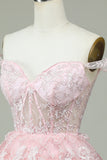 Mignon Une ligne de l’épaule Corset rose Robe de Cocktail avec dentelle