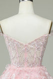 Mignon Une ligne de l’épaule Corset rose Robe de Cocktail avec dentelle