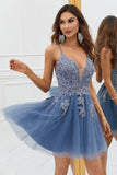 Une ligne Bretelles Spaghetti Gris Bleu Robe courte Cocktail avec appliques
