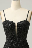 Fourreau Spaghetti Straps Black Sequins Robe courte cocktail