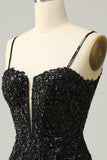 Fourreau Spaghetti Straps Black Sequins Robe courte cocktail