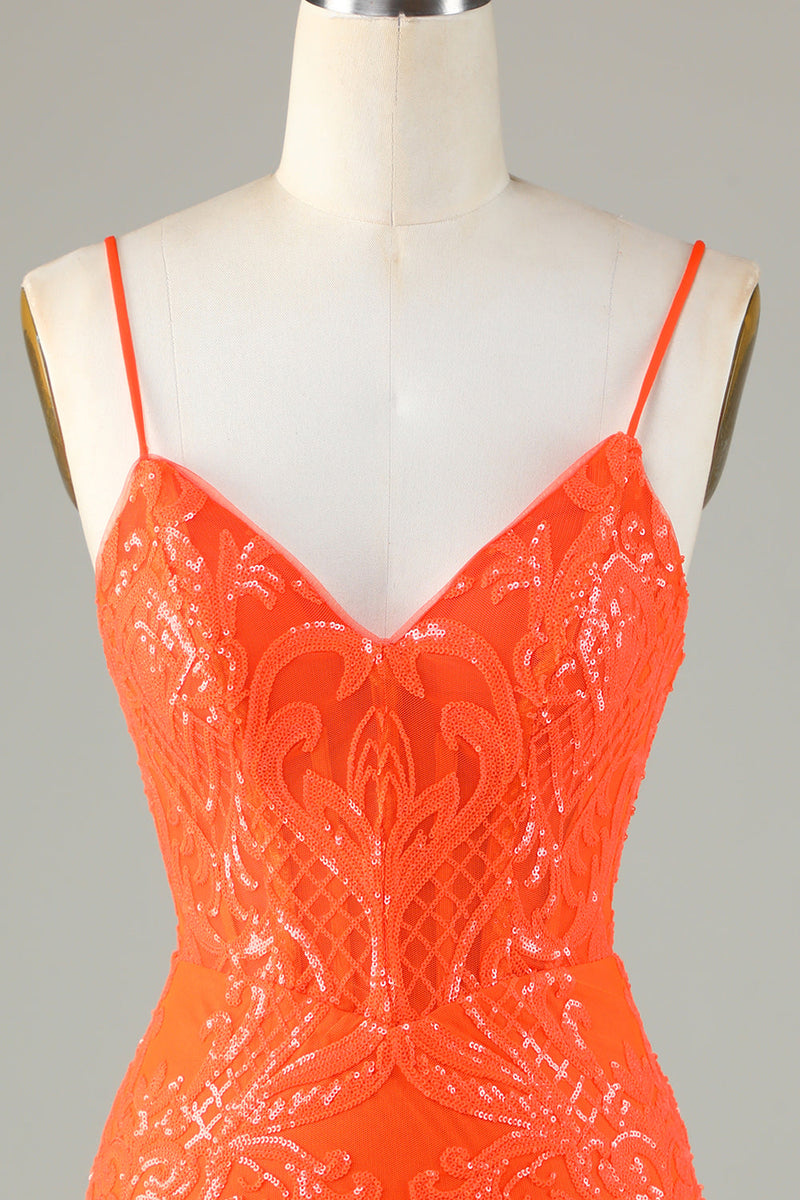 Charger l&#39;image dans la galerie, Robe de Cocktail orange moulante à paillettes scintillantes