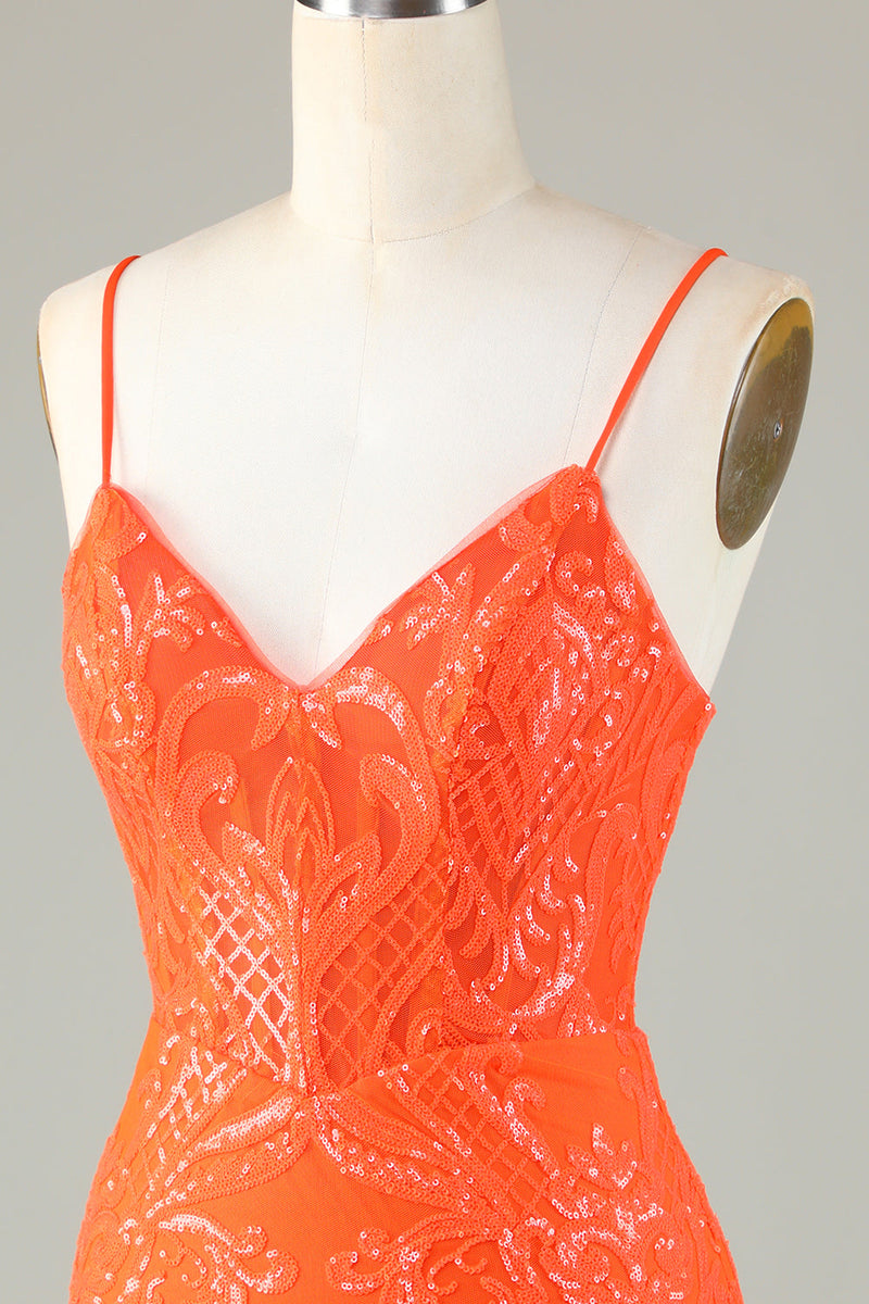 Charger l&#39;image dans la galerie, Robe de Cocktail orange moulante à paillettes scintillantes