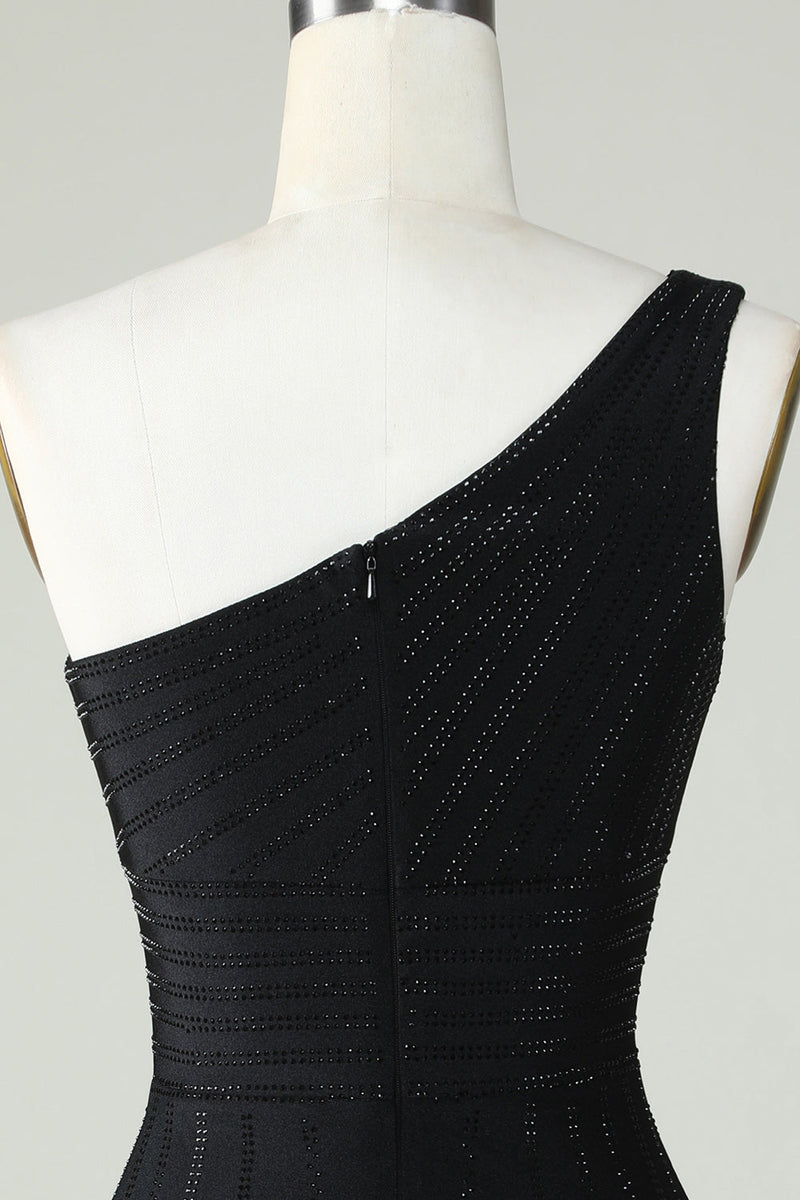 Charger l&#39;image dans la galerie, Gaine Une épaule Noire Robe courte Cocktail avec perles