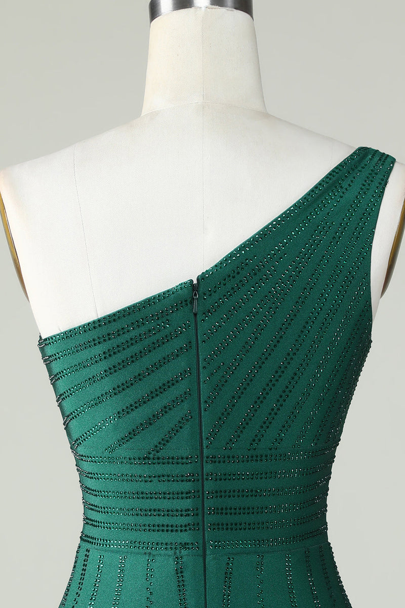 Charger l&#39;image dans la galerie, Gaine Une épaule Vert foncé Robe courte de retour avec perles