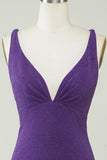 Robe courte de retour élégante à col V profond violet avec Criss Cross Back