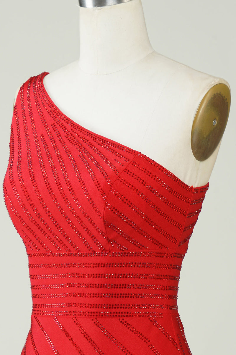 Charger l&#39;image dans la galerie, Robe courte de retour à la maison rouge à une épaule scintillante avec perles