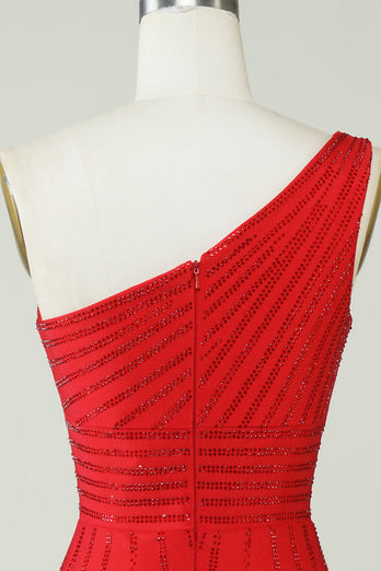 Robe courte de retour à la maison rouge à une épaule scintillante avec perles