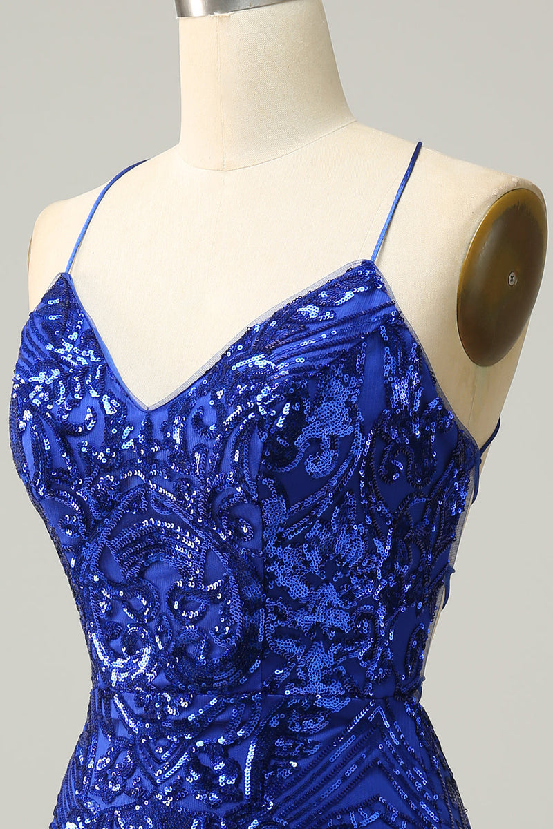 Charger l&#39;image dans la galerie, Gaine Spaghetti Sangles Bleu Royal Paillettes Robe Courte Rentrée