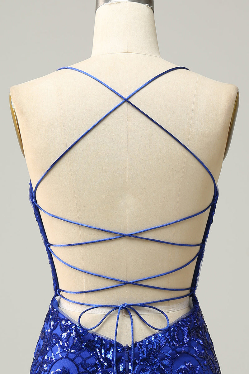 Charger l&#39;image dans la galerie, Gaine Spaghetti Sangles Bleu Royal Paillettes Robe Courte Rentrée