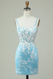 Fourreau Bretelles Spaghetti Bleu Clair Robe de Cocktail Courte avec Appliques