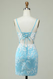 Fourreau Bretelles Spaghetti Bleu Clair Robe de Cocktail Courte avec Appliques