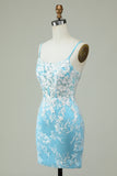 Fourreau Bretelles Spaghetti Bleu Clair Robe de Cocktail Courte avec Appliques