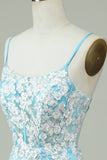 Fourreau Bretelles Spaghetti Bleu Clair Robe de Cocktail Courte avec Appliques