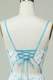 Fourreau Bretelles Spaghetti Bleu Clair Robe de Cocktail Courte avec Appliques