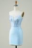 Charger l&#39;image dans la galerie, Stylish Sheath Spaghetti Straps Blue Short Homecoming Dress with Beading