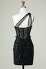 Charger l&#39;image dans la galerie, Robe de cocktail corset noire moulante à une épaule avec appliques