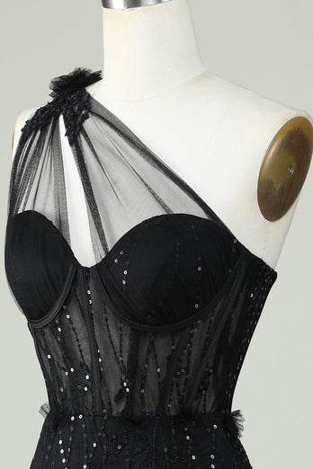 Robe de cocktail corset noire moulante à une épaule avec appliques