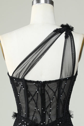 Robe de cocktail corset noire moulante à une épaule avec appliques