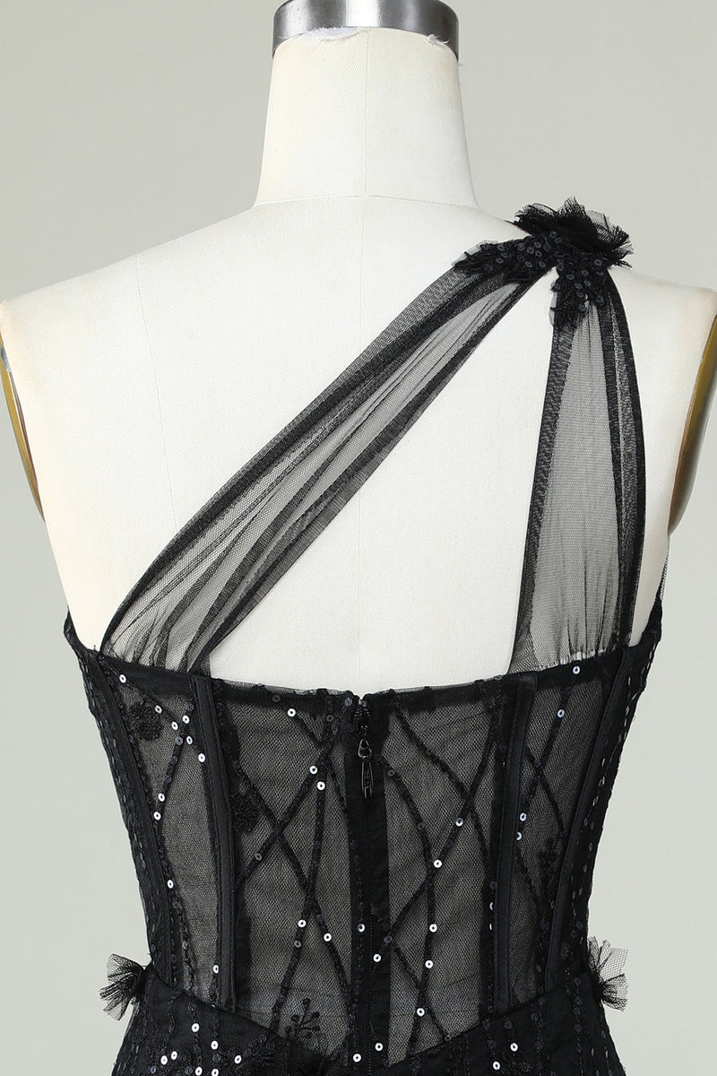 Charger l&#39;image dans la galerie, Robe de cocktail corset noire moulante à une épaule avec appliques