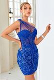 Bodycon Une Epaule Bleu Royal Robe courte Cocktail avec appliques