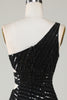 Charger l&#39;image dans la galerie, Robe de cocktail pailletée noire à une épaule et moulante scintillante avec découpe