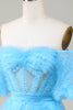 Charger l&#39;image dans la galerie, Mignon Une ligne Tulle bleu de l’épaule Robe courte de cocktail