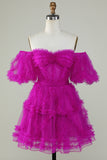 Stylish Une ligne de l’épaule Fuchsia Tulle Corset Cocktail Robe