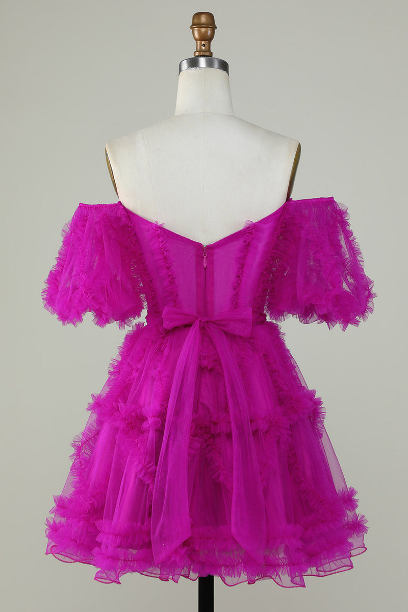 Charger l&#39;image dans la galerie, Mignon Une ligne de l’épaule Robe de cocktail en tulle rose