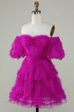 Stylish Une ligne de l’épaule Fuchsia Tulle Corset Cocktail Robe