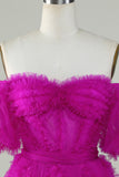 Stylish Une ligne de l’épaule Fuchsia Tulle Corset Cocktail Robe