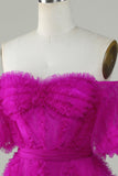 Stylish Une ligne de l’épaule Fuchsia Tulle Corset Cocktail Robe