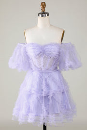 Stylish Une ligne de l’épaule Robe de Cocktail Corset en Tulle Violet