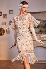 Paillettes Champagne Roaring 20s Great Gatsby Robe Flapper Frangée avec Manches