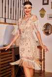 Paillettes Champagne Roaring 20s Great Gatsby Robe Flapper Frangée avec Manches