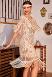 Paillettes Champagne Roaring 20s Great Gatsby Robe Flapper Frangée avec Manches