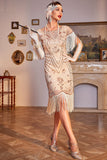 Paillettes Champagne Roaring 20s Great Gatsby Robe Flapper Frangée avec Manches