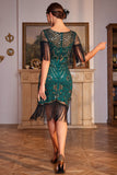 Paillettes vert foncé rugissant 20s Great Gatsby Robe Flapper à franges avec manches