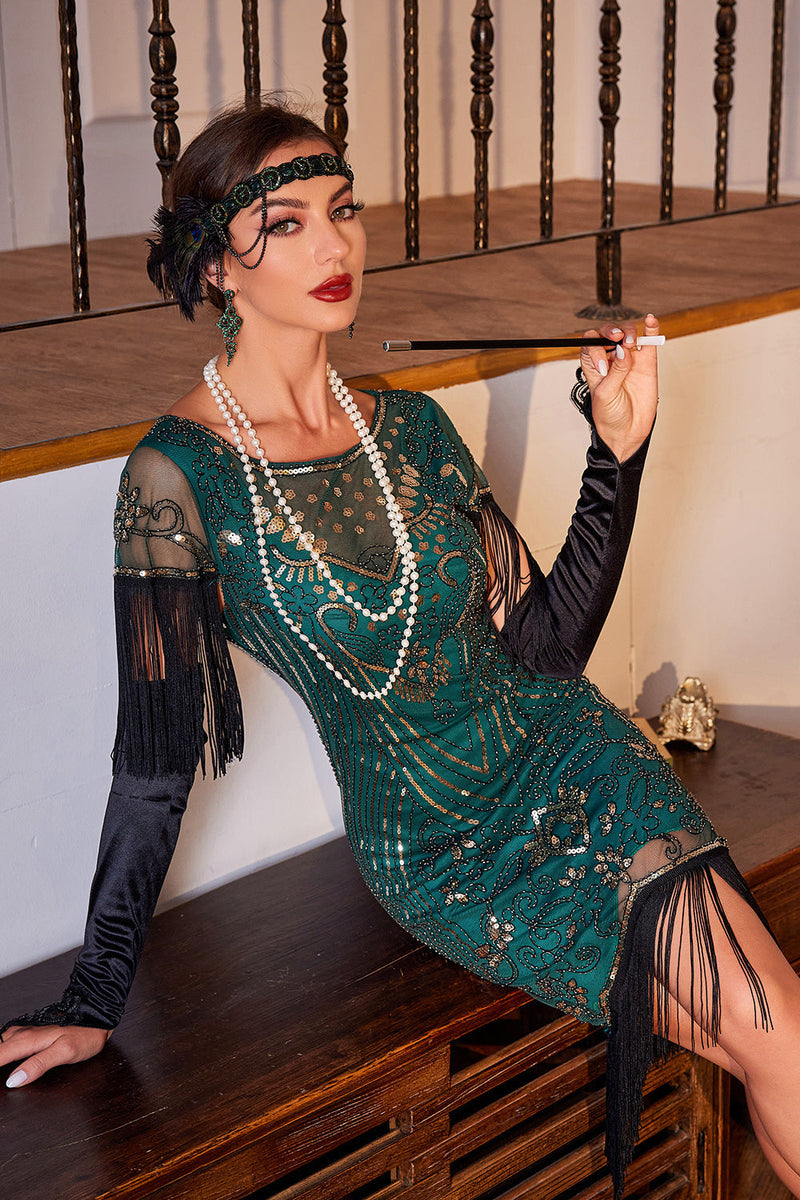 Robe Gatsby des années 20 à paillettes vert foncé avec ensemble  d’accessoires
