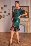 Paillettes vert foncé rugissant 20s Great Gatsby Robe Flapper à franges avec manches