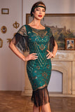 Paillettes vert foncé rugissant 20s Great Gatsby Robe Flapper à franges avec manches