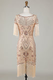 Col bateau Paillettes Champagne Roaring 20s Gatsby Fringed Flapper Robe