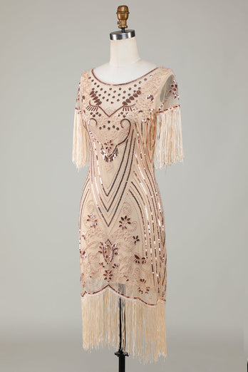 Col bateau Paillettes Champagne Roaring 20s Gatsby Fringed Flapper Robe